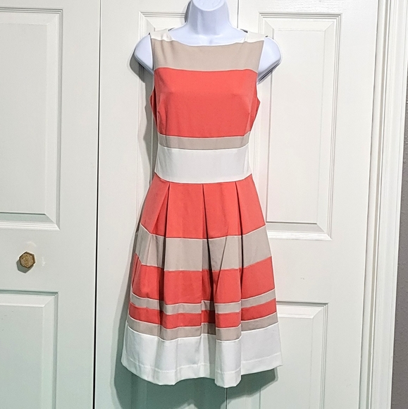 Lauren Ralph Lauren Dresses & Skirts - Lauren Ralph Lauren Pleated Fit Flair Dress Skater Striped Coral Cream White